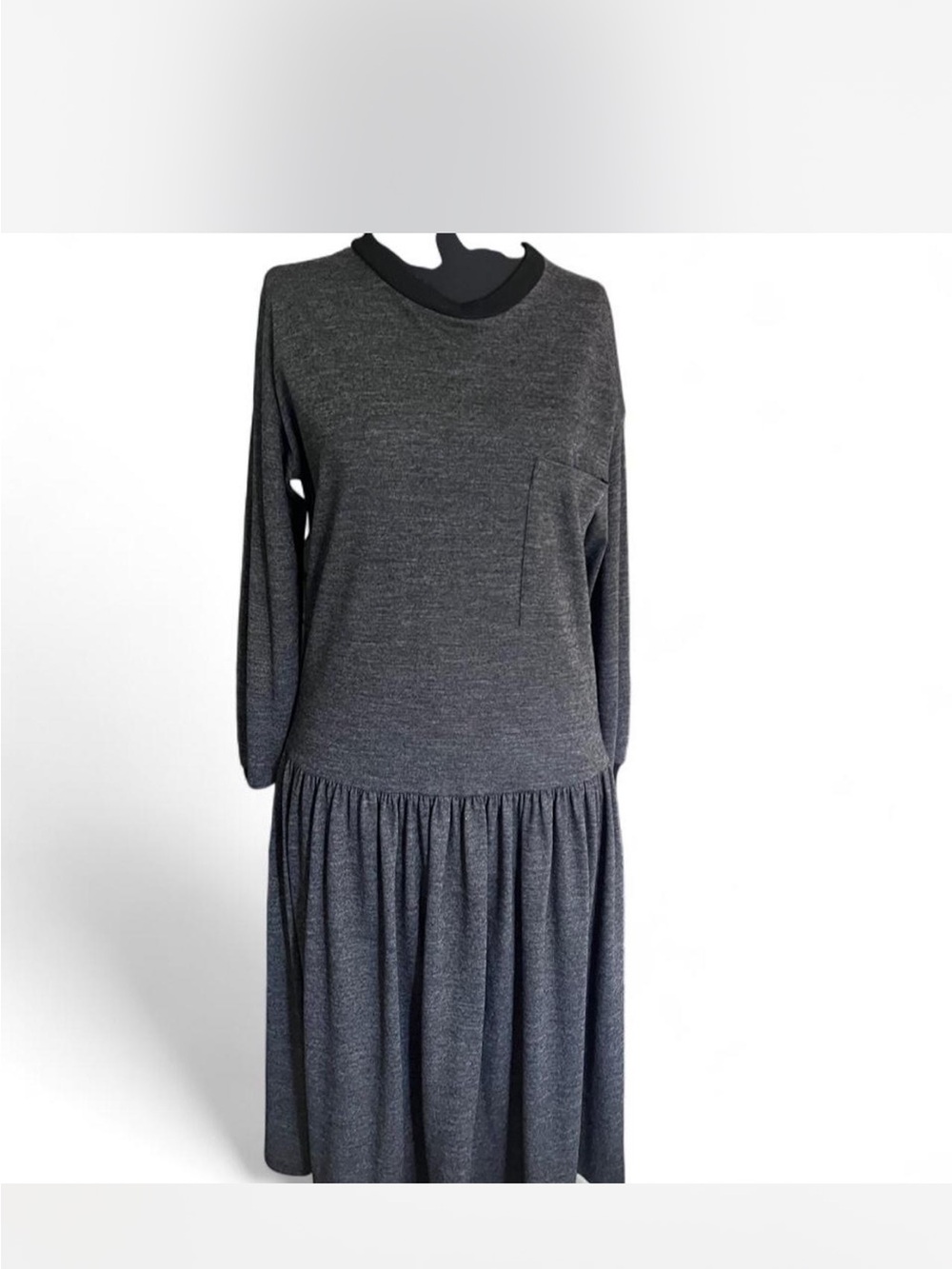 Relaxed Long Sleeve Drop-Waist Merino Wool Dress in Charcoal